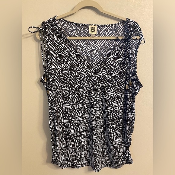 Anne Klein Navy and White Polka Dot Blouse - Picture 1 of 5